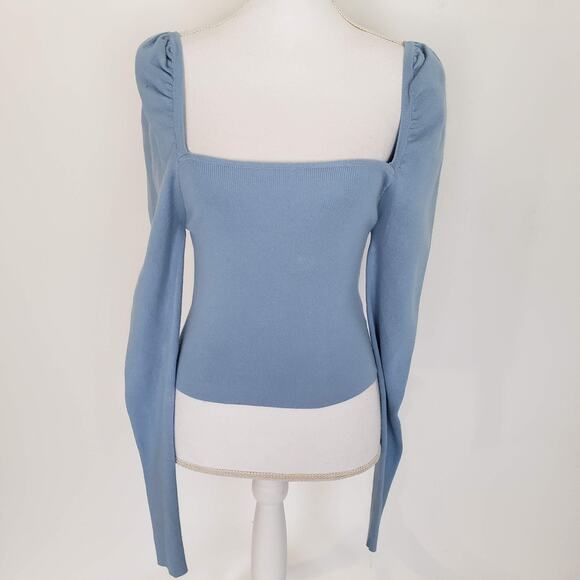 Lulus SIZE L Blue Fitted Blouse Long Sleeve Crop Top Square Neck CL21217L FLAW - Picture 3 of 15